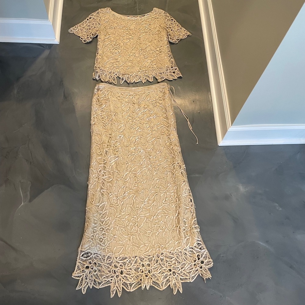 VTG Silken Poetry Womens M Silk Hand Crochet 2 Piece Top Maxi Skirt Set Glam
